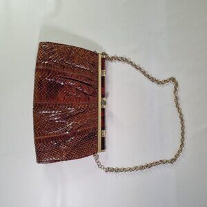 Vintage Brown Faux Snakeskin Clutch Bag with Tortoiseshell Handle & Gold Chain